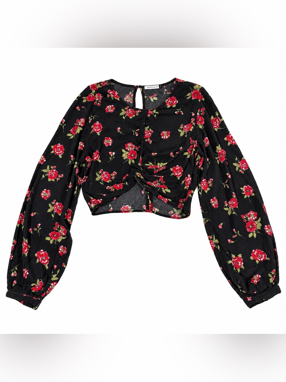 Zara XS Black Red Floral Twist Front Crop Blouse Balloon Sleeve